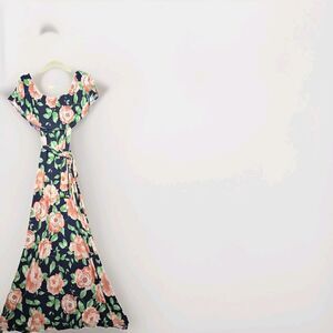 PinkBlush Maxi Dress Women M Blue Peach Floral Off Shoulder Stretchy USA Cottage